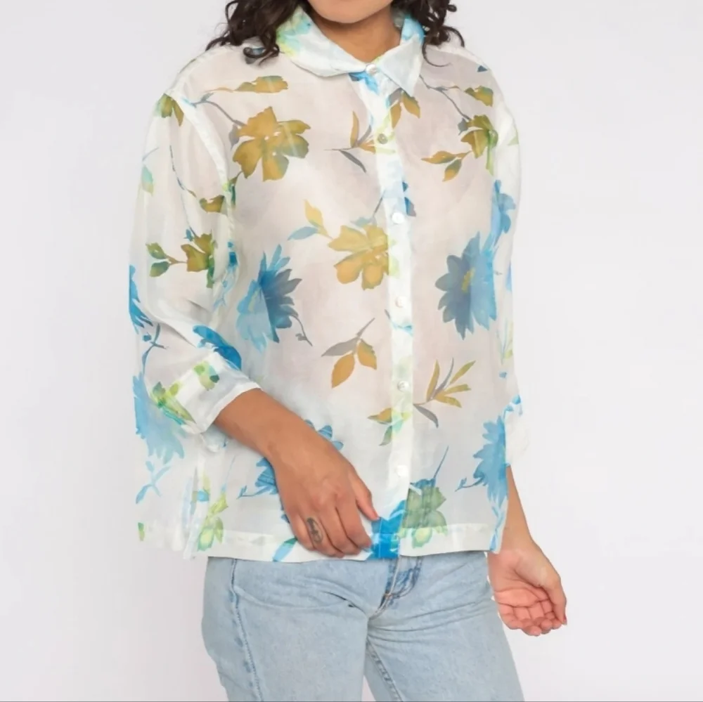 Notations Blouse Y2K Sheer Floral Button Down Blouse White Size XL - Picture 2 of 16